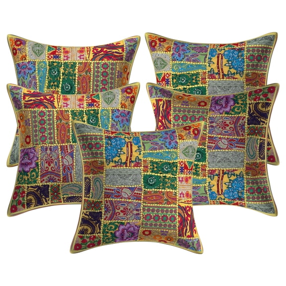 Stylo Culture Ethnic Cotton Decorative Throw Pillow Covers Lemon Yellow 18 x 18 Bohemian Vintage Patchwork Ethnic Sofa Cushion Covers 45x45 cm Home Decor Abstract Square Pillow Cases | Set Of 5