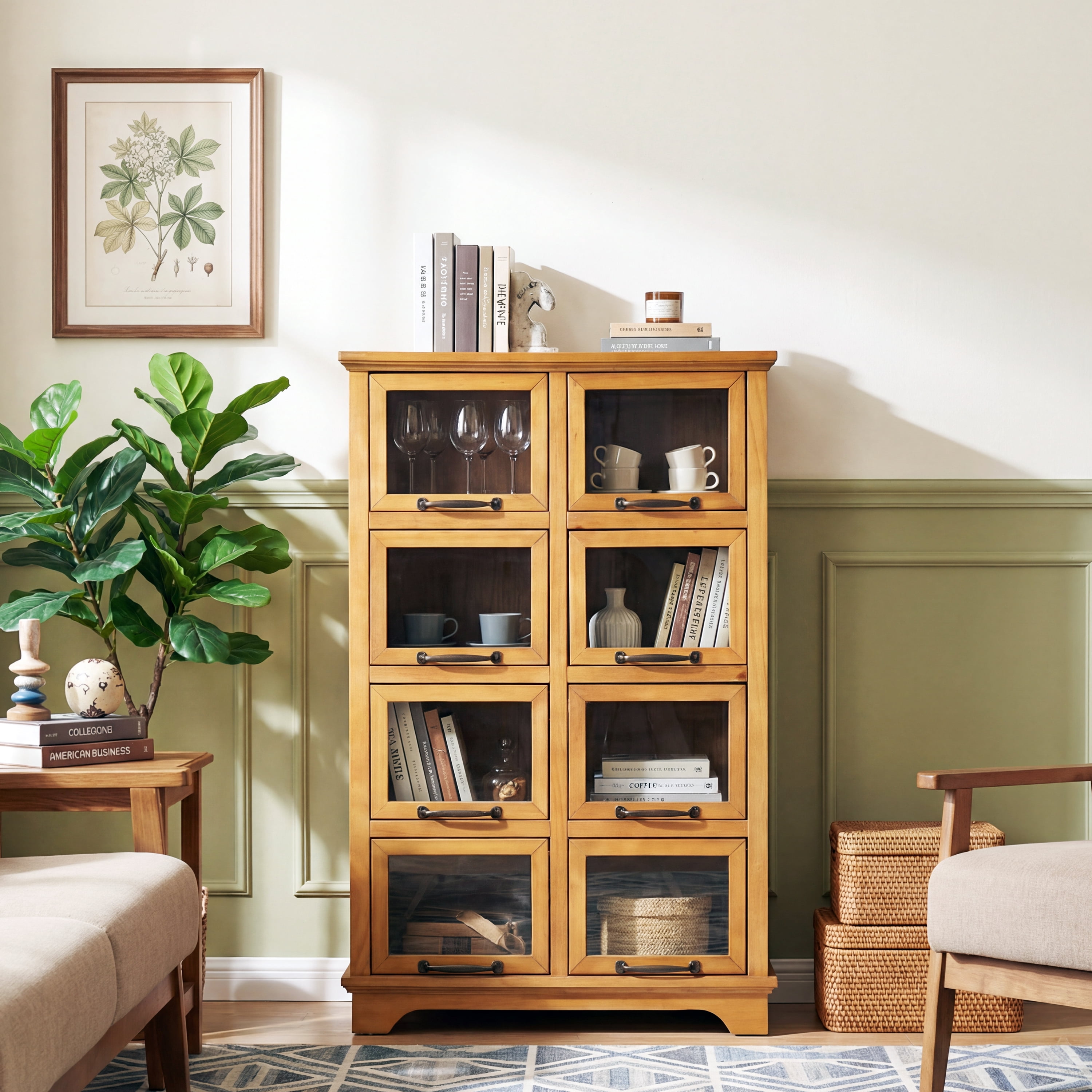 Modern Storage Cabinet with 8 Glass Doors and Wood Shelves, Display Cabinet with Antique Bronze Handles for Living Room, Natural
