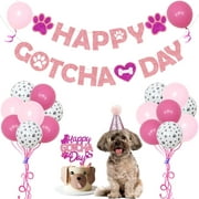 Pet Adoption Party Decorations Pink - Happy Gotcha Day Birthday Decorations Banner and Cake Topper, Birthday Hat and Dog Theme Balloon Garland Arch Kit for Puppy Dog Party Supplies