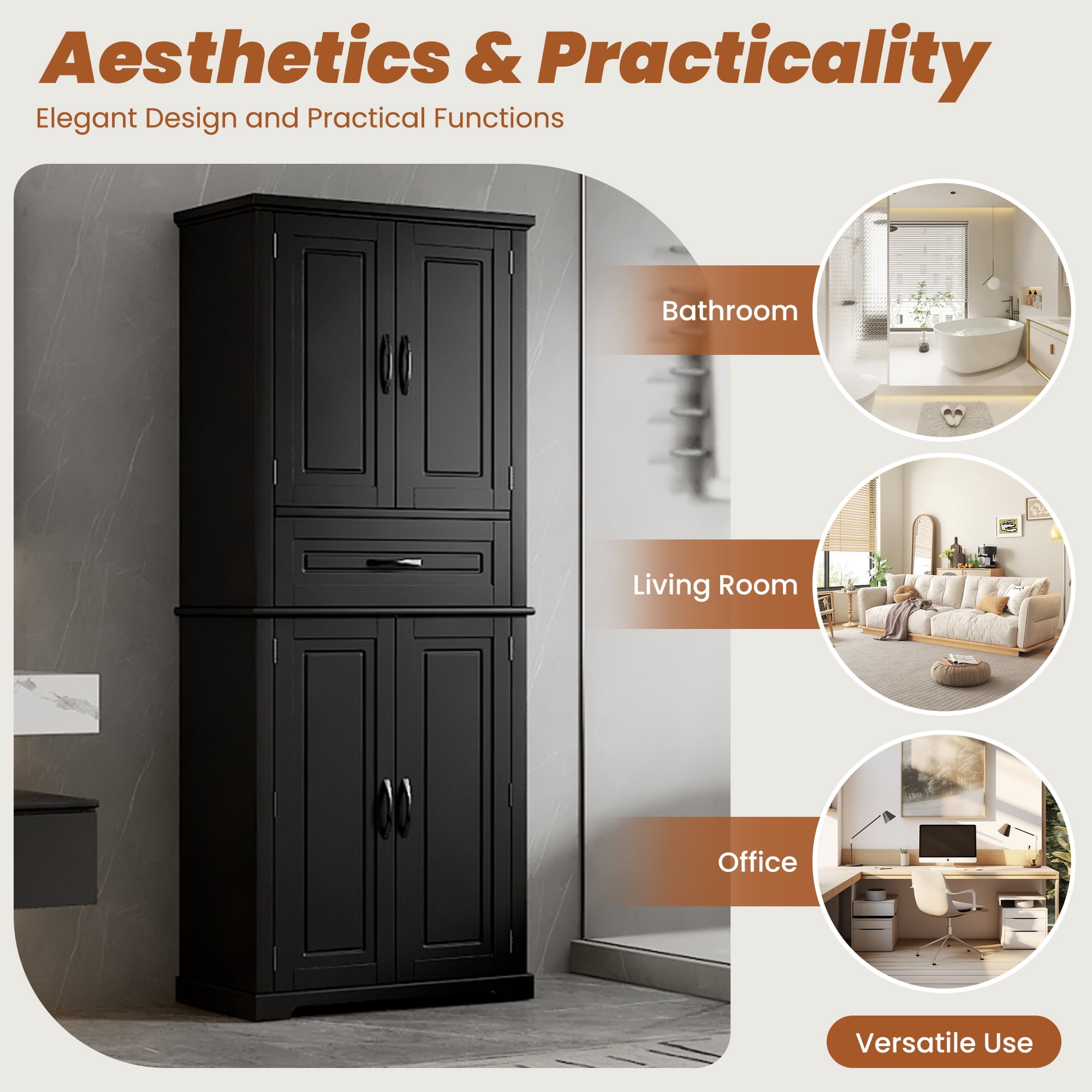 Mintazer 72" Tall Bathroom Linen Cabinet with Adjustable Shelves & Large Drawer, Freestanding Storage Cabinet with Side Door Organizer for Bathroom Laundry Room, Black