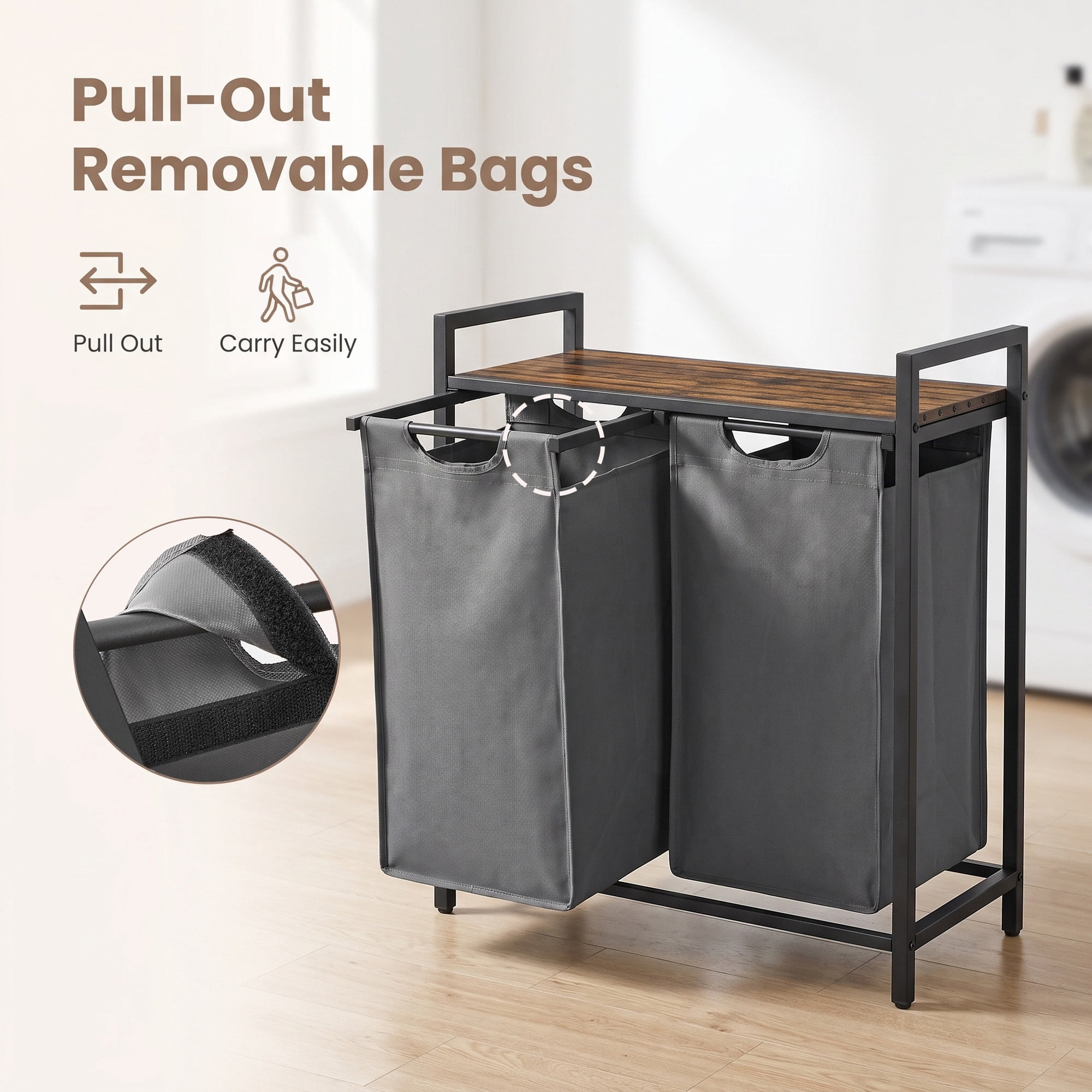 Ledrem Laundry Sorter Hamper with 2 Pull-Out Bags, Detergent Shelf, 2-Compartment, Rustic Brown/Gray