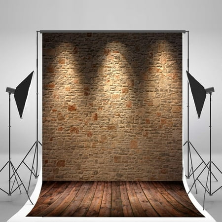 Image of GreenDecor 5x7ft Photography Backdrop Grey Brick Wall Studio Brown Wood Floor Photo Background