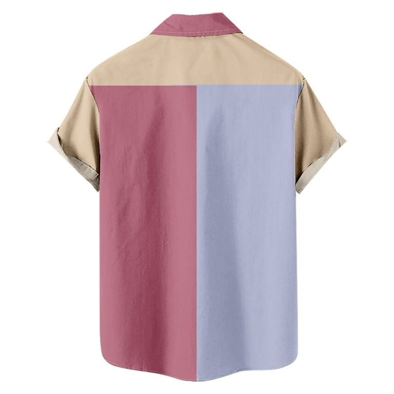 Mens Long Sleeve Tee Shirts,Mens Vintage Geometric Patchwork Print Button  Up Lapel Beach Shirts Regular Fit T-Shirt
