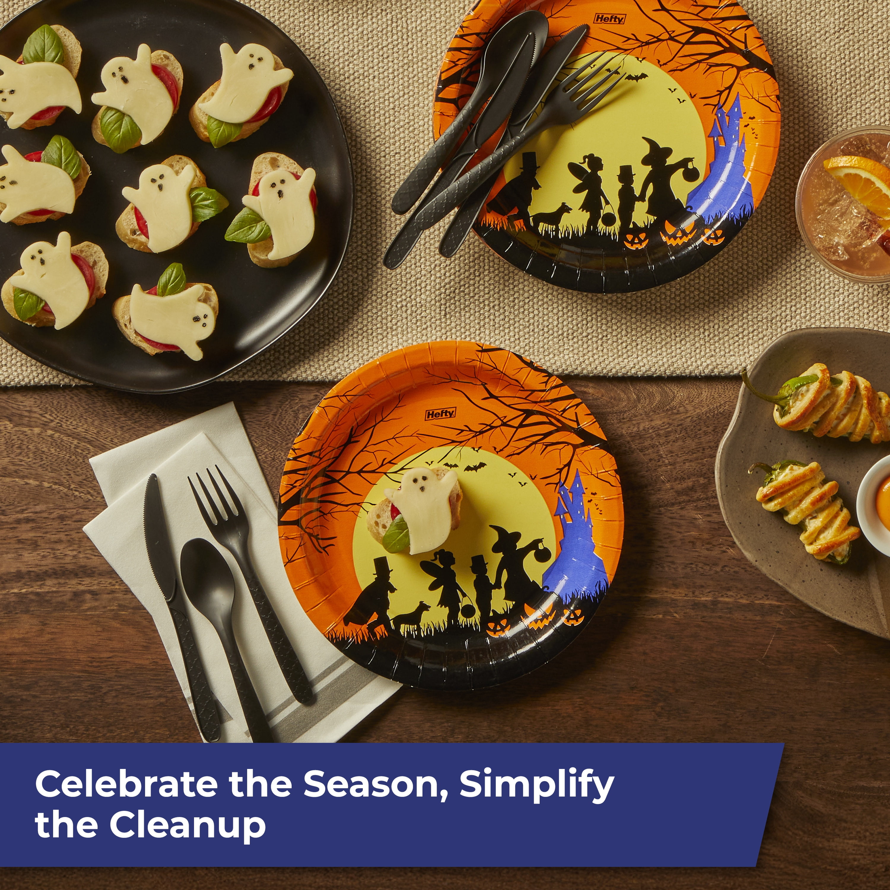 Hefty Halloween Collection Disposable 18oz Plastic Cups 15ct, 8.6 inch Paper Plates 20ct, and ECOSAVE Compostable Assorted Cutlery Set 24ct