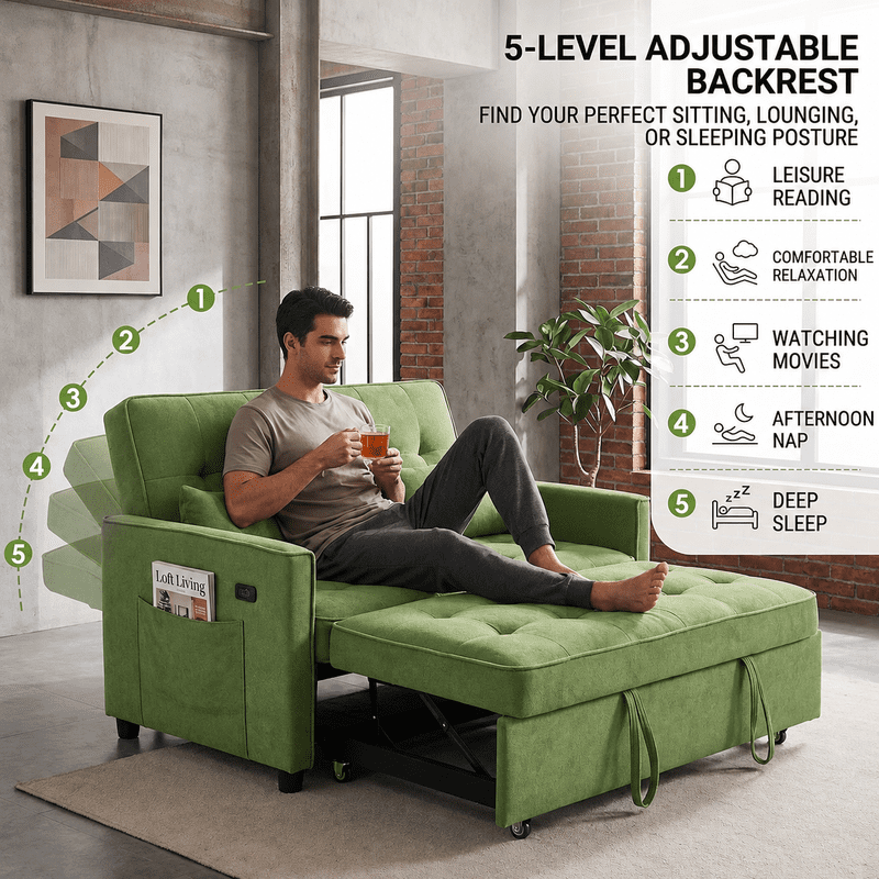3-in-1 Convertible Sofa Bed with USB Charging Ports, Pull-Out Sleeper Sofa with Adjustable Backrest and Side Pocket, Compact Loveseat Couch for Living Room, Apartment, Dorm