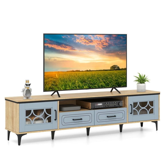 Resenkose Farmhouse TV Stand for TVs Up to 80 Inches with 2 Roomy Drawers and Oak & Gray Two-Tone Design, Oak and Gray