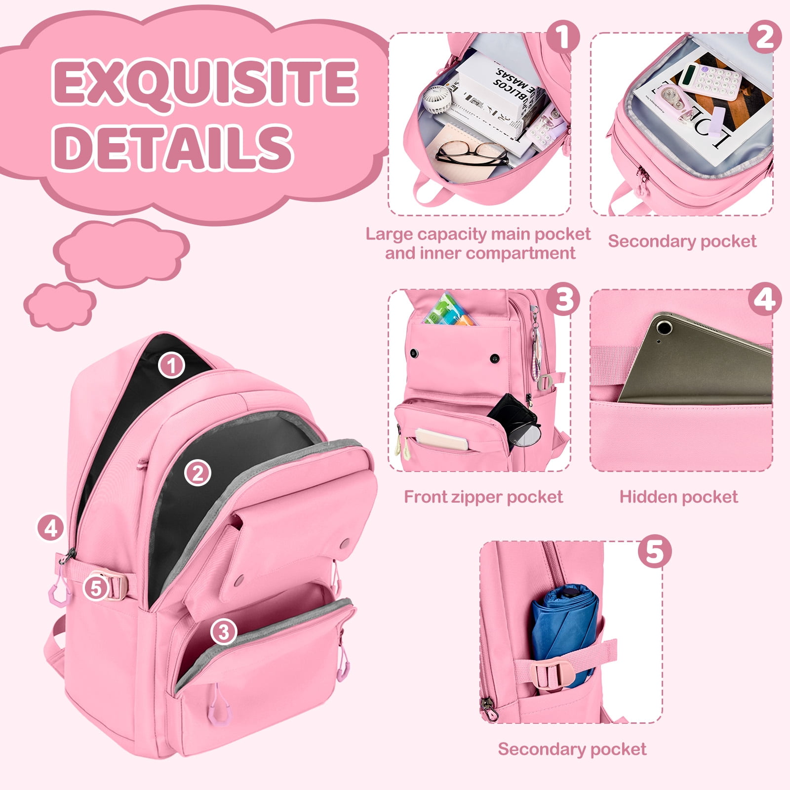 Inadays School Backpack, Large Capacity Bookbag for 15.6 Inch Laptop, Water-Resistant Cute Girlish Backpacks for Teen Adults Tween, Lightweight Travel Daypack for Primary Middle School College, Pink