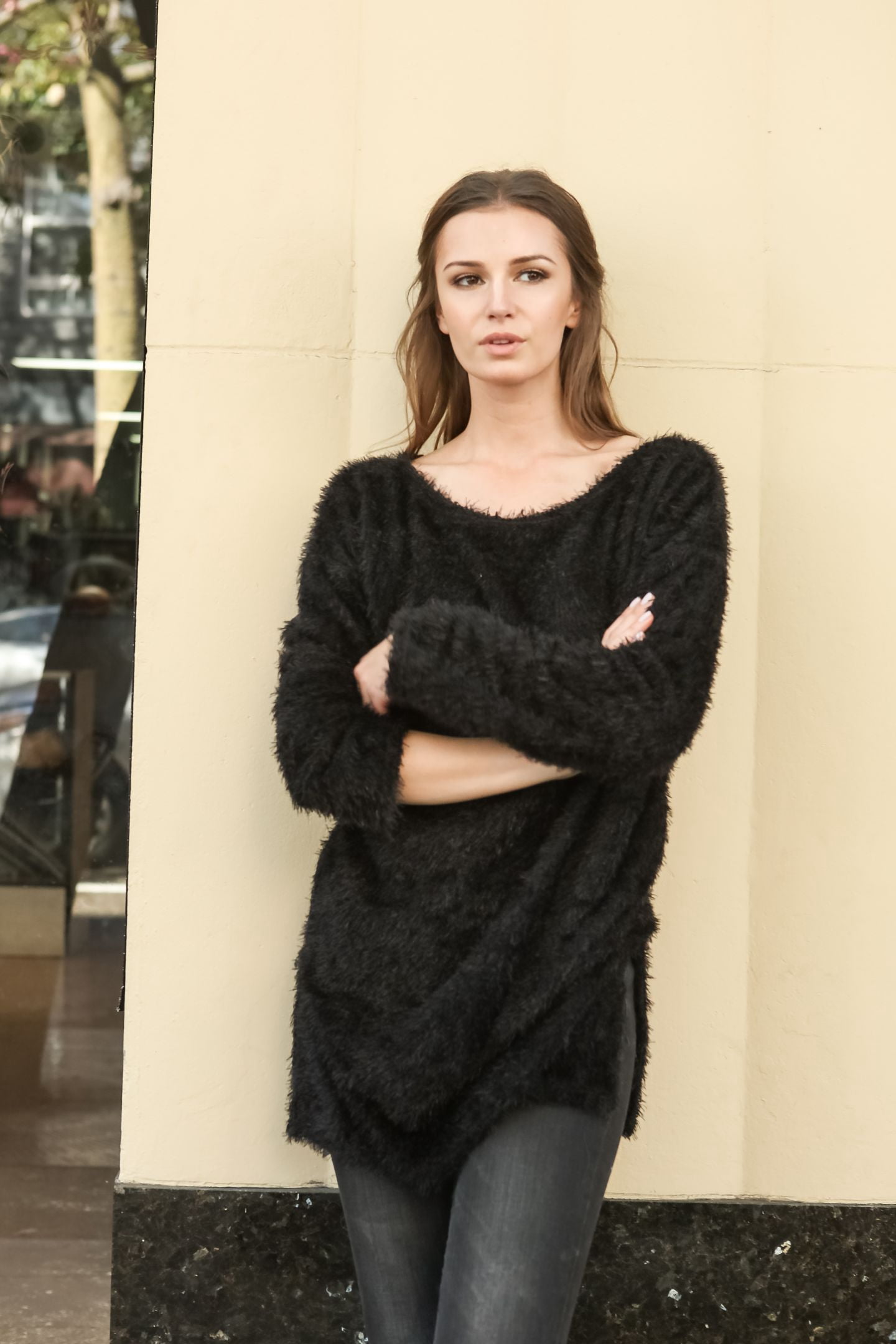 Women Boat Neck Fuzzy Furry Sweater Knit Pullover Loose Fit Tunic Top Black Large