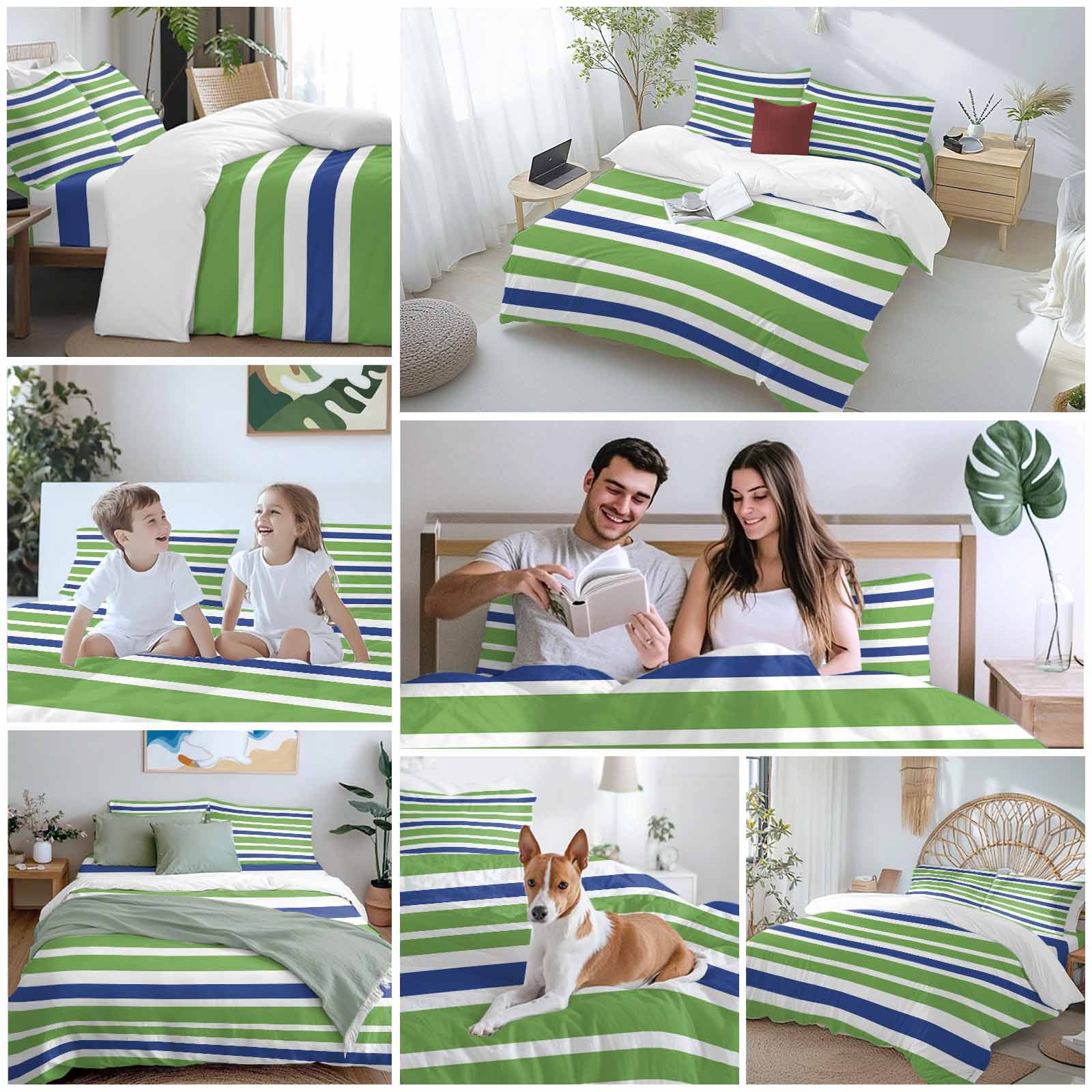 Green Blue Bedding Duvet Cover Set King Size 4 Pieces White Stripe Soft Twill Plush Quilt Cover, Include 1 Duvet Cover 1 Flat Sheet And 2 Pillow