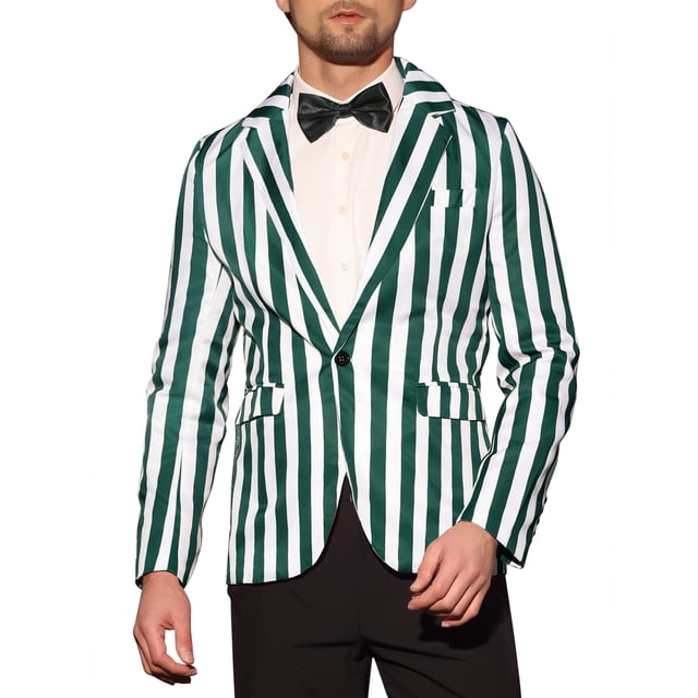 INSPIRE CHIC Traje de Hombre Blazer Casual de Rayas Verticales de Un Solo Botón Ajuste Slim 2XL Verde Blanco