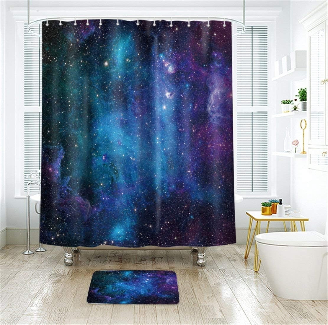 Extra Long Galaxy Outer Space Shower Curtain 72Wx84H Inch Universe Planets Magical Fantasy Starry Nebula in Blue Sky Ocean Decor Fabric Bathroom 12 Pack Plastic Hooks WW-CLLE