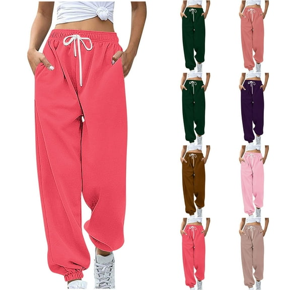 safuny Women's Jogger Sweatpants Activewear Outdoor Pants Holiday Elastic Waist Trendy Trousers Casual Comfy Sports Clearance Girls Solid Color Teen Coffee S