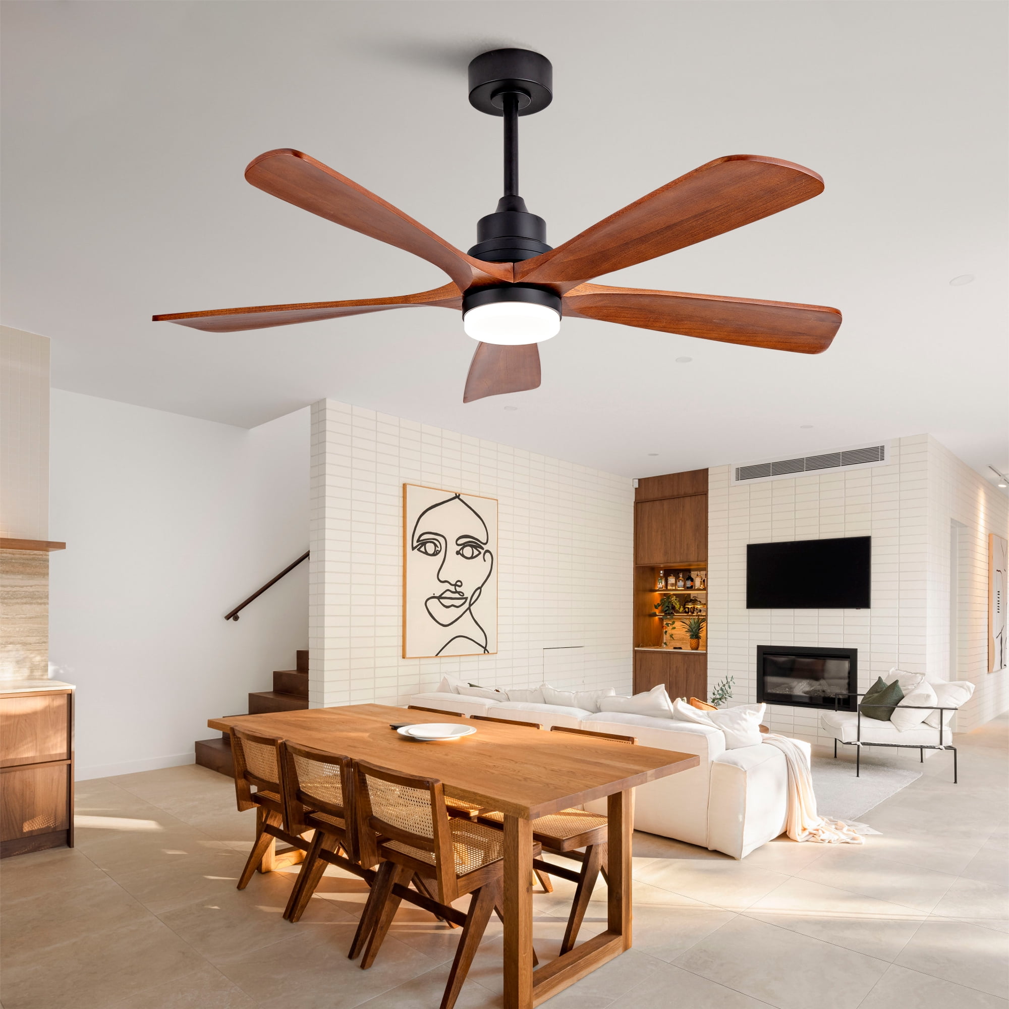 Ceiling Fan with Lights, 52 Inch Remote Control 5 Solid Wood Blades Outdoor Fan for Patio Farmhouse Bedroom, Black