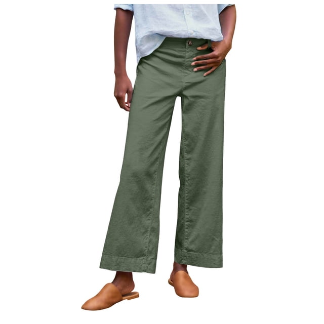 Pantalones capri de lino de cintura alta y pierna ancha para mujer - Pantalones casuales de negocios con bolsillos - Lisos/estampados, S-2XL