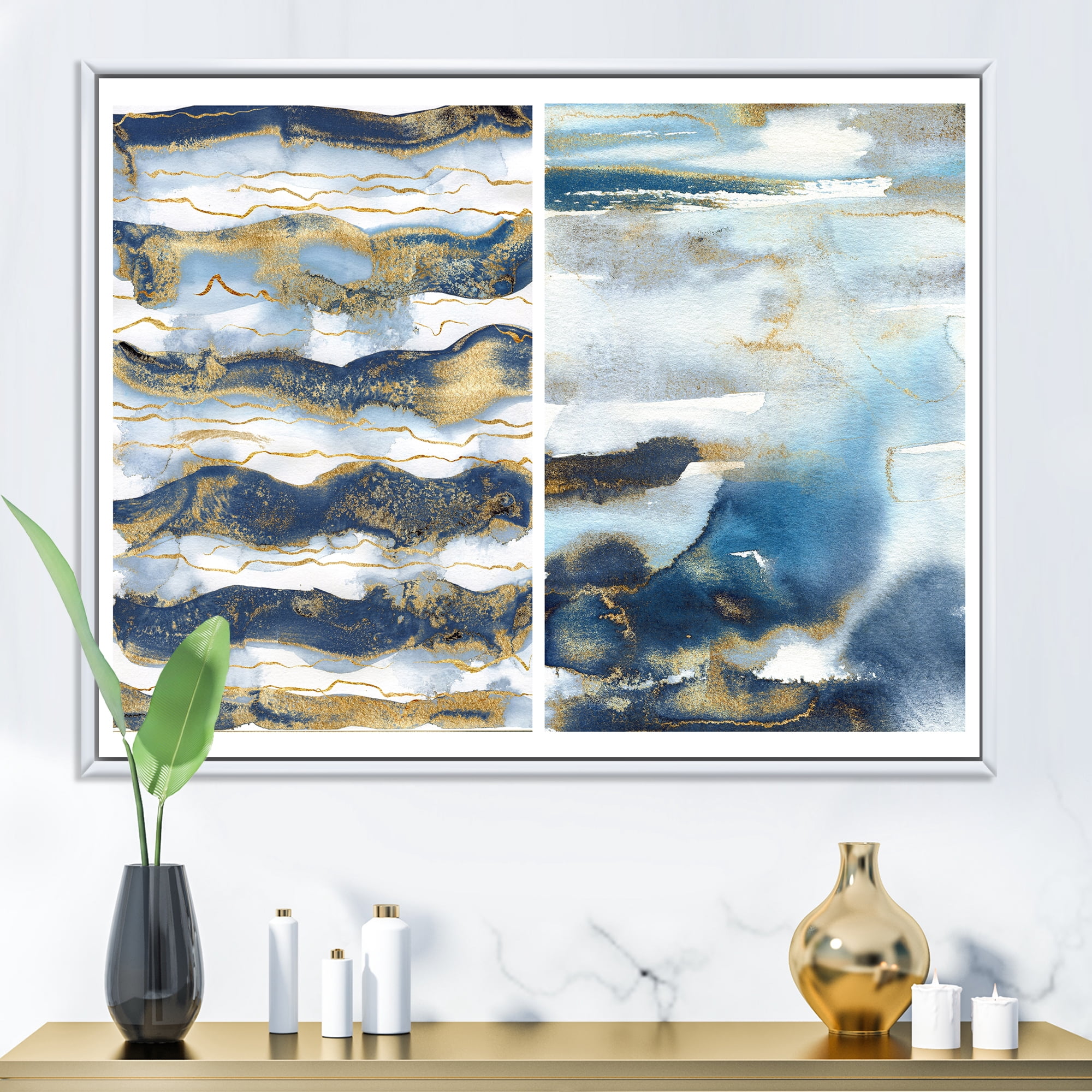 Designart 'Gold and Dark Blue Abstract Waves II' Modern Framed Canvas Wall Art Print