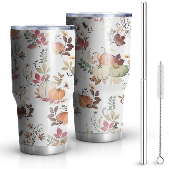 30oz Fall Pumpkins Leaves Pattern Tumblers Stainless Steel Tumbler with Lid and Straw,Vacuum Insulated Double Wall Travel Tumbler Cups Mug with Cleaning Brush for Coffee,Tea