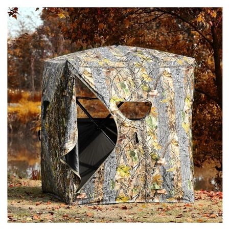 3 Person Hunting Blind Pop-Up Ground Blind Camouflage - Portable Hunting Tent with Tie-Downs Fiberglass Frame Wide View Windows