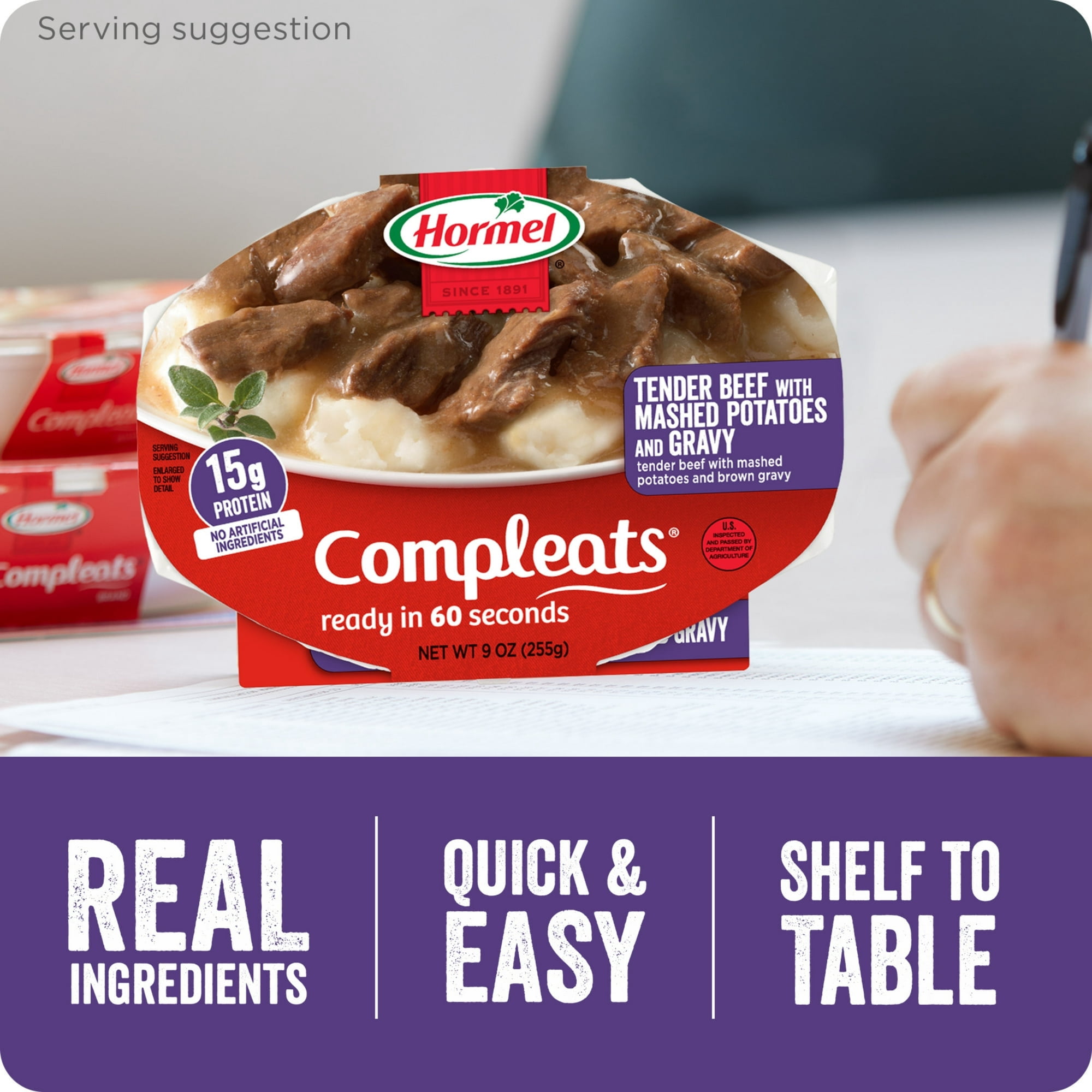 HORMEL COMPLEATS Tender Beef and Mashed Potatoes with Gravy, Shelf Stable, 9 oz Plastic Tray (3 Pack)