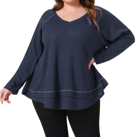DARING DIVA Women's Plus Size Waffle Knitted V Neck Patchwork Hem Sweater 1X Navy Blue