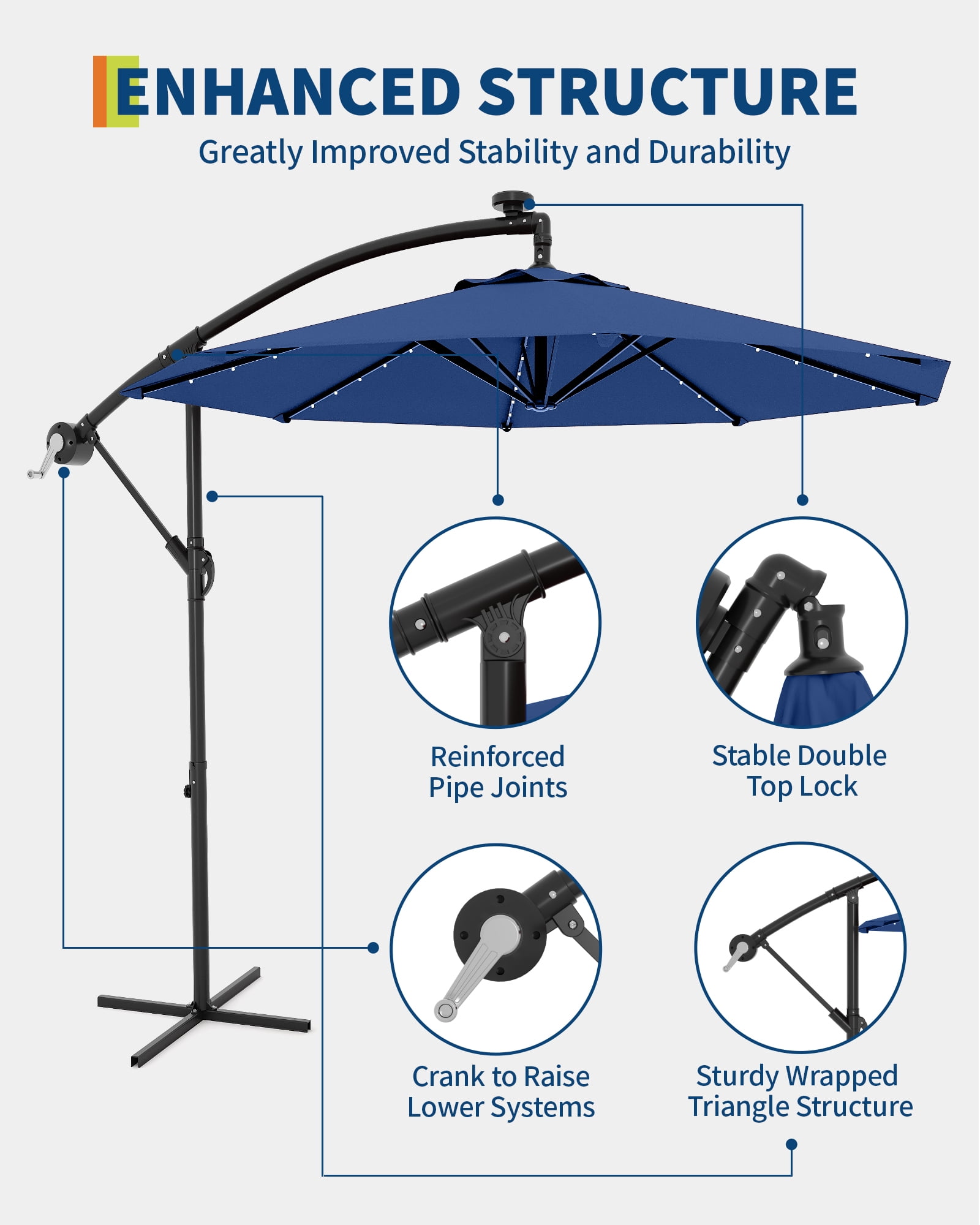 10ft Solar LED Offset Hanging Market Patio Umbrella for Backyard, Poolside, Lawn and Garden w/Easy Tilt Adjustment, UV Protection, Sturdy 8 Ribs - with 32 LED Lights