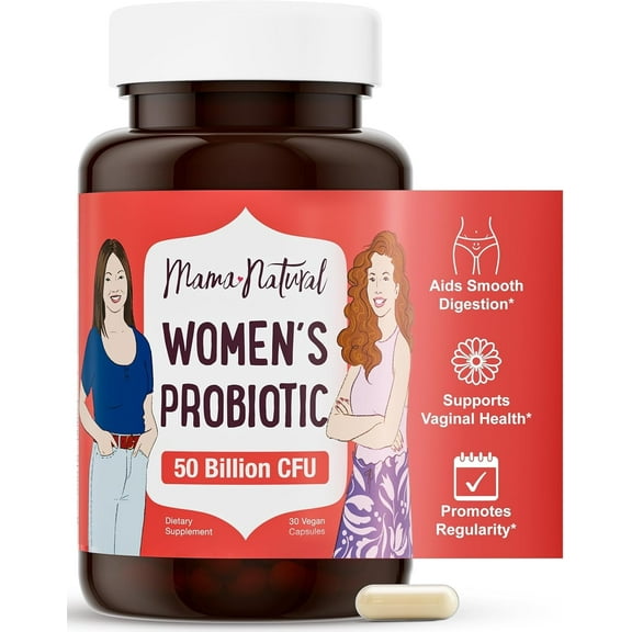 Mama Natural Womens Probiotic – Vaginal, Gut Health & Immune Support Supplement – with Organic Prebiotics (30 Count) - Lactobacillus & Bifidobacterium Probiotic - 50 Billion CFU & 10 Strains