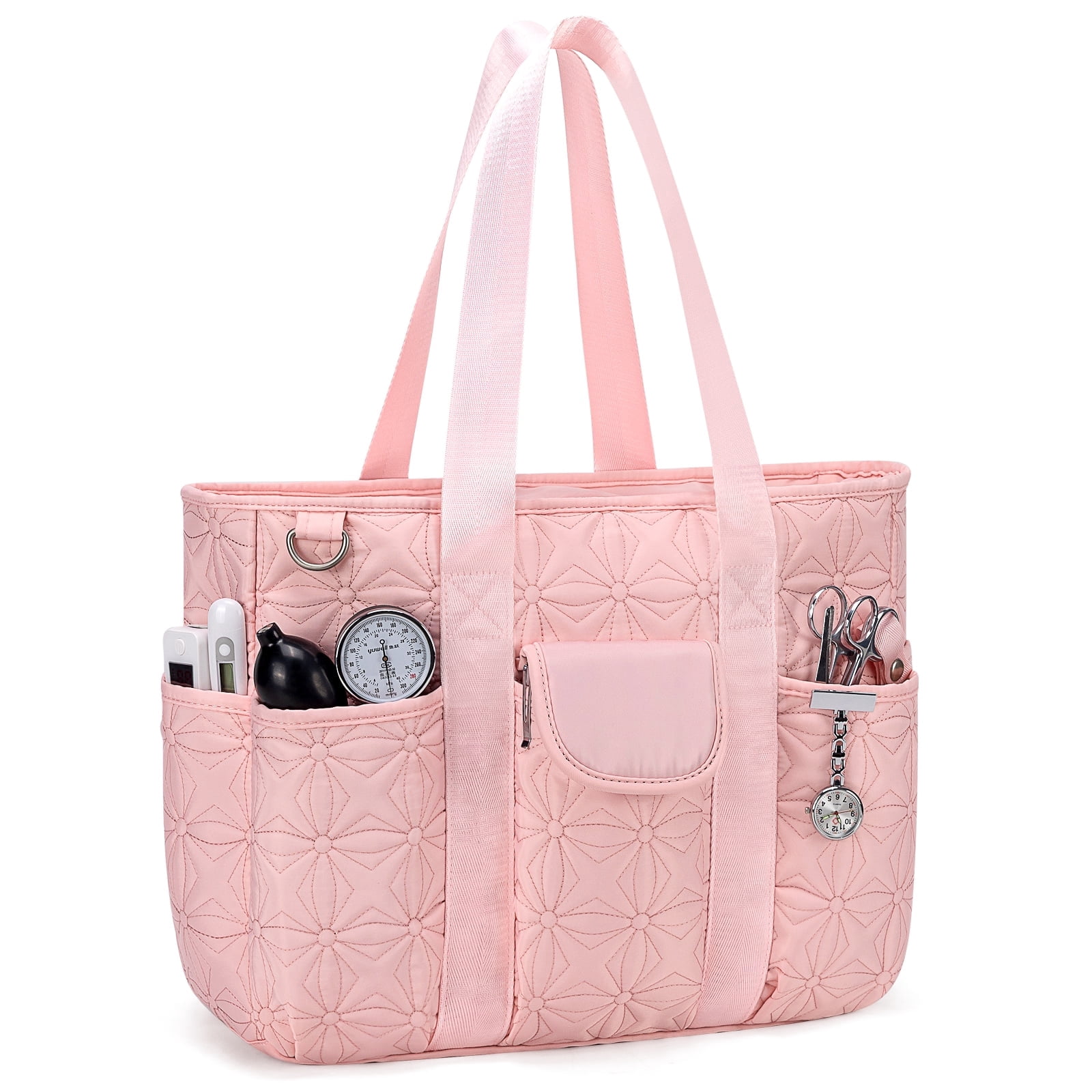 Canvas Tote Bag with Multi Pockets, Kabaqoo Crossbody Tote Bag for Women, Large Shoulder Handbag with Compartments, Pink