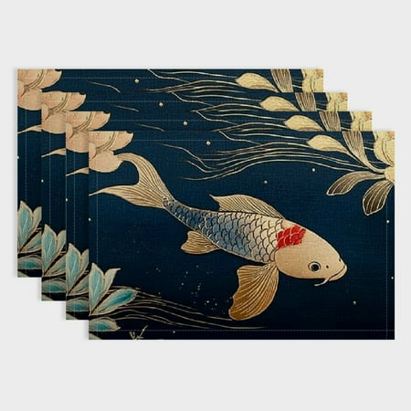 

Shiartex Fish Flowers Gold Foiling Linen Cloth Placemat Set of 4 for Birthday Parties Christmas Restaurants Buffets & Home Decor 18x12in