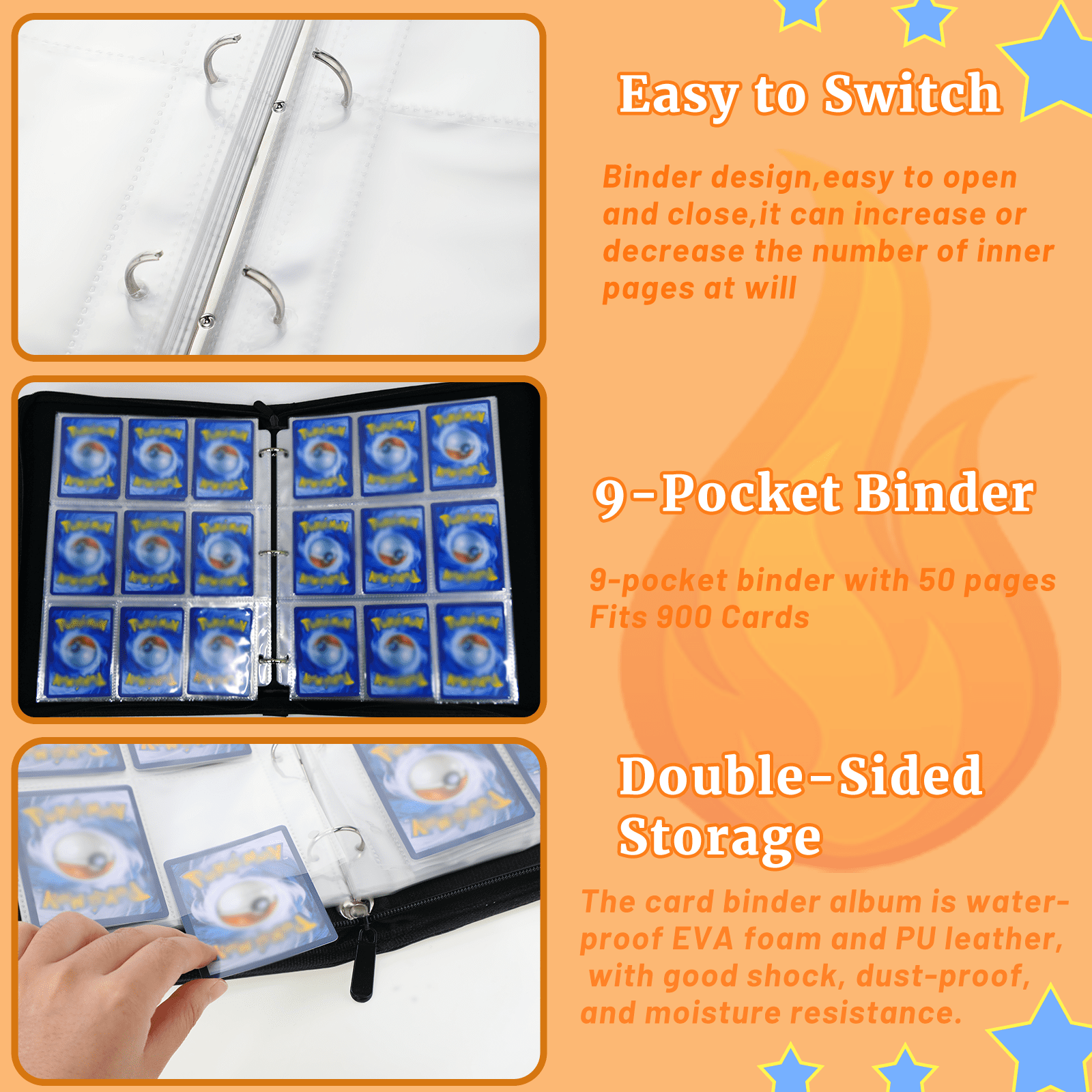 Trading Card Binder 9 Pocket with 50 Sleeves, Waterproof Card Album Binder  for Game, Sports, Collectible Cards