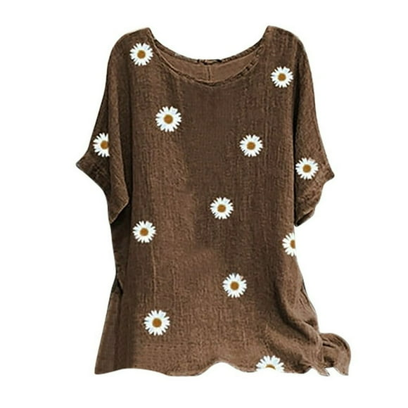 Prime Same Day Delivery Items Woman Vintage Cotton-Blend O-Neck Short Sleeve Floral Print Top T-Shirts Blouse
