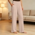 thumbnail image 4 of Women's High Waist Wide Leg Pants,Soft Flowy Trousers with Side Pockets,Beige,Women's Capri L, 4 of 9