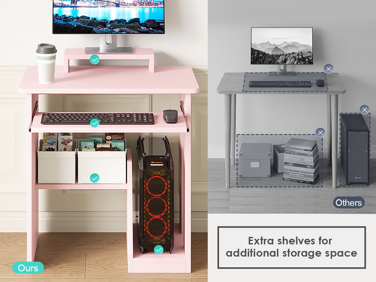 Zenira 29in Computer Desk with Monitor Stand and Keyboard Tray for Small Space, Wood PC Laptop for Bedroom, Writing Table with Shelves for Living room, Pink