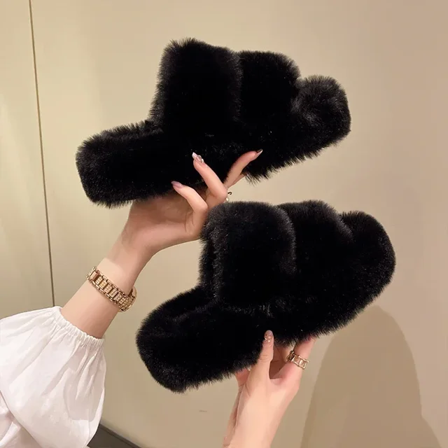 Zapatillas mullidas de invierno para mujer, pantuflas de piel para casa nueva, plataforma plana, zapatos de interior peludos y acogedores, chanclas coreanas, 2024