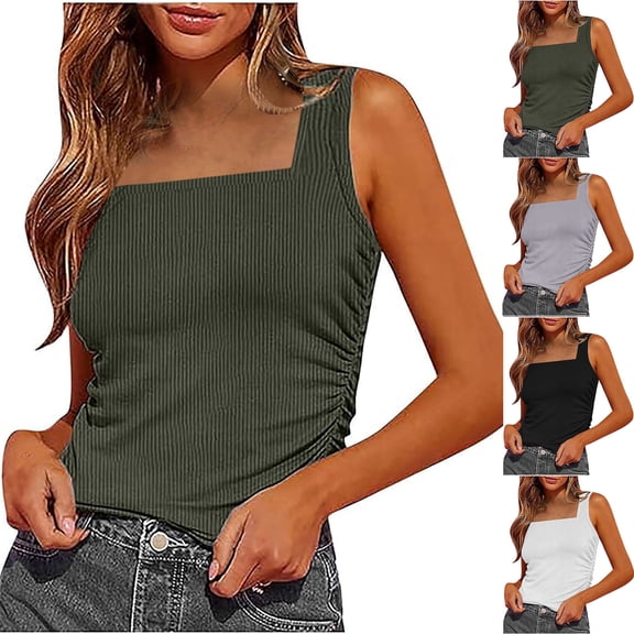 Wlynlyn Going out Tops for Women Square Neck Tank Tops Casual Sleeveless Shirts Ribbed Knit Basic Tees T Shirts