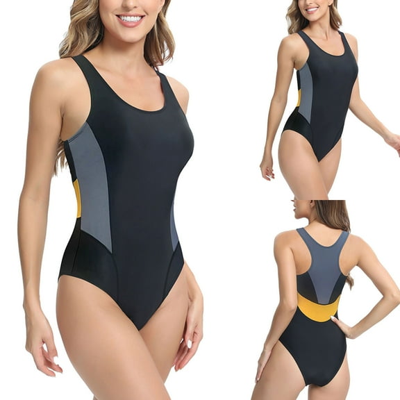 Holiday Promotion UTSJKR Women One Piece Swimsuits Athletic Racerback Swimwear Color Block Training Exercise Slimming Bathing Suit Black 12