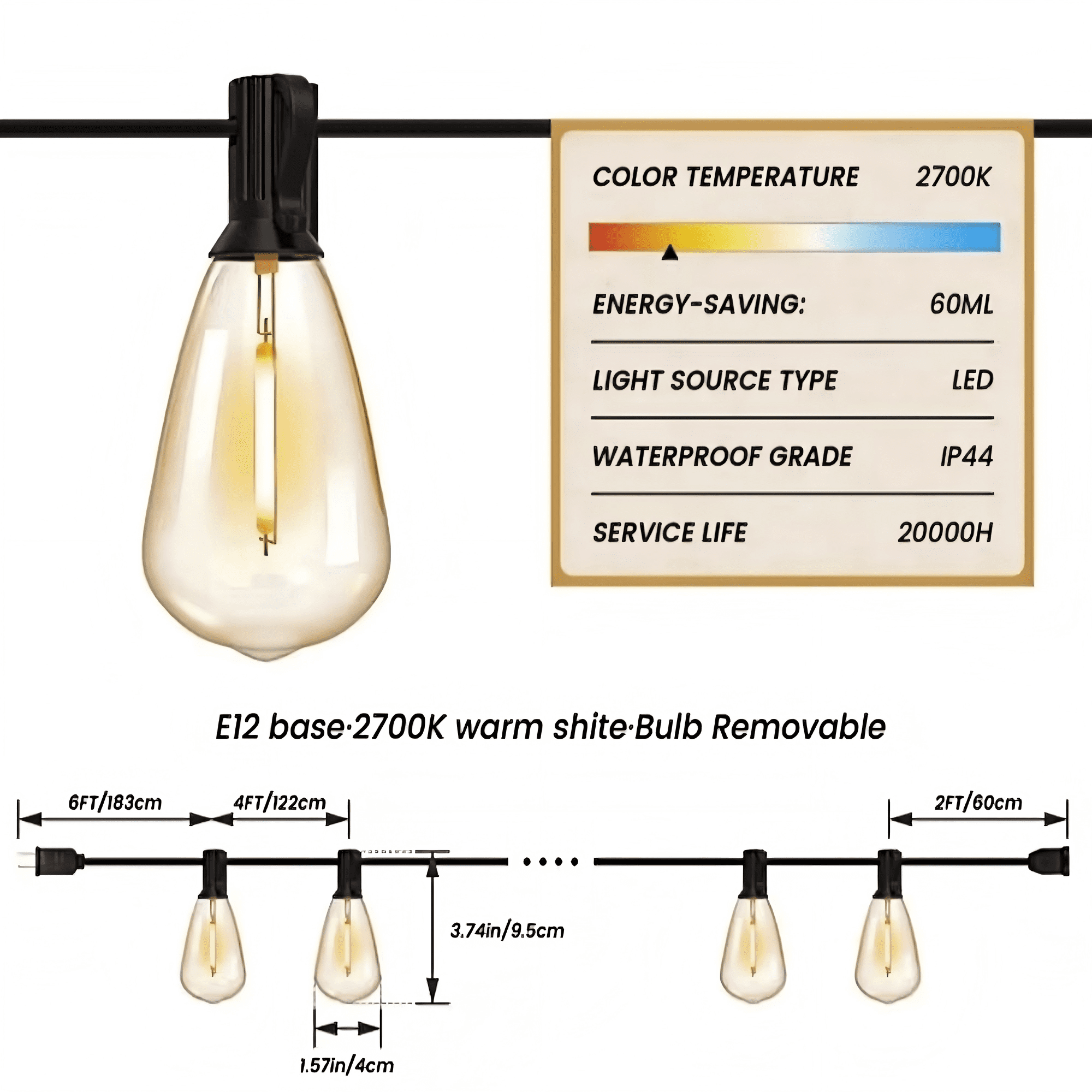VOLIVO Solar Outdoor String Lights 100FT, Shatterproof Patio Lights with 24 ST38 Vintage Edison Bulbs, Solar Hanging Lights, for Porch, Deck, Garden, Backyard
