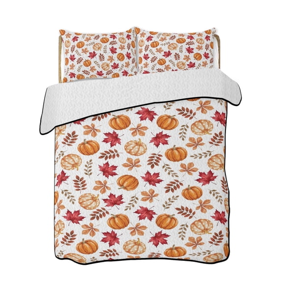 Orange Pumpinks Quilts Bedding Set Full Size Fall Rustic Polka Dot Pumpink Red Leaf Lightweight Quilted Bedspread 3 Piece Bed Quilt with 2 Pillow Shams All Season for Bedroom 68" x 98"