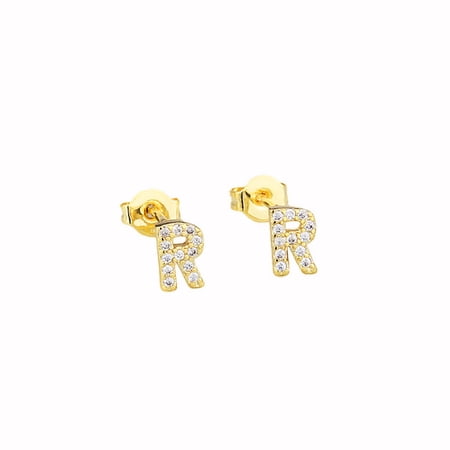Bonjour Jewelers 14k Yellow Gold Created White Sapphire Initial R Letter Stud Earrings Plated