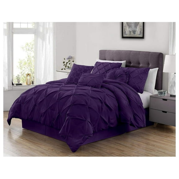 Sydney Extra Wide King Size Comforter Set - 7-Piece Pintuck Bedding - Dark , Lightweight Pinch Pleat Comforter with Decorative Pillows Bed Set for All Season Dark Purple