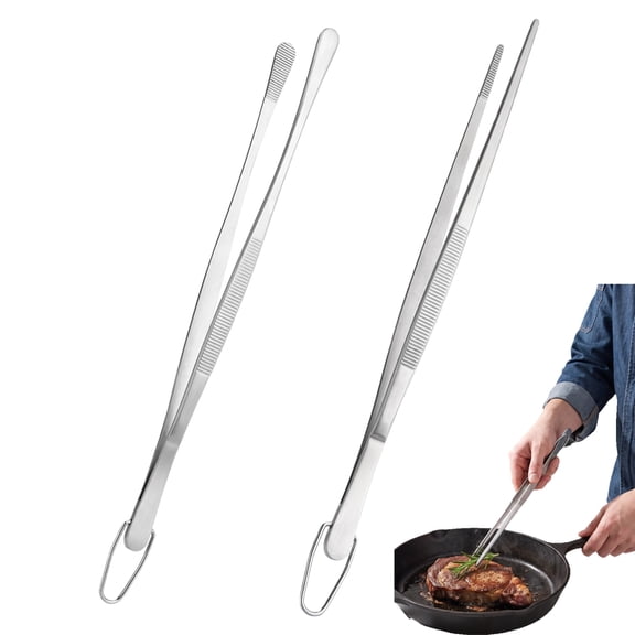 12‑Inch Kitchen Cooking Tweezer Set, 18/8 Food‑Grade Stainless Steel, Non‑Slip Seamless Welding Tweezers for Grilling, Frying, Serving, Round & Pointed Tip