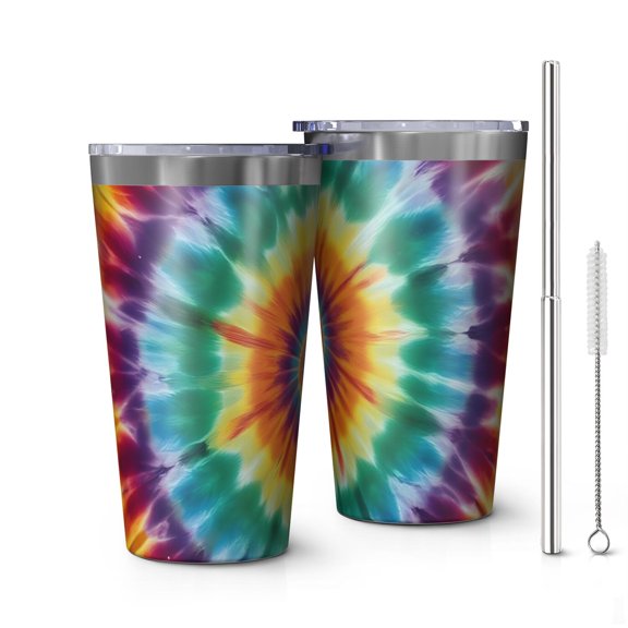 16oz Tumblers Rainbow Tie Dye Mandala Pattern Stainless Steel Vacuum Insulated Double Wall Travel Tumbler Cups Mug with Lid and Straw,Cleaning Brush for Coffee,Tea