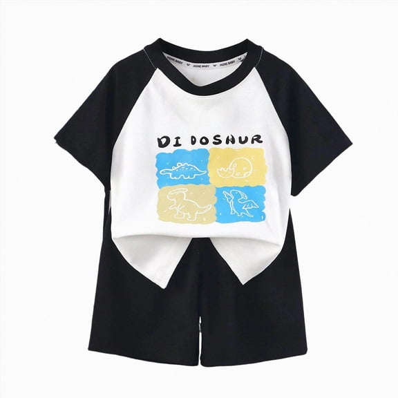 TOWED22 Toddler Boys Clothing 2Pcs Set Short Sleeve Crewneck T Shirt Elastic Waist Cartoon Print Shorts for Summer(Black,3-4 Y)