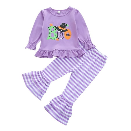

XINSHIDE Toddler Children Baby Girls Festival Cartoon Printed Flare Long Sleeve Tops Stripe Pants Outfits Set Baby Clothing