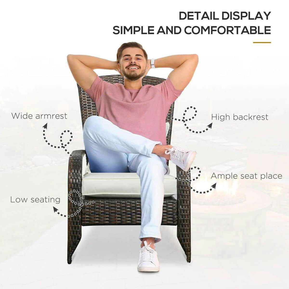 Spaco Patio Wicker Adirondack Chair with Soft Cushions, Outdoor All-Weather Rattan Fire Pit Chair with Tall Curved Backrest and Comfortable Armrests for Outdoor as Backyard, Garden, Cream White