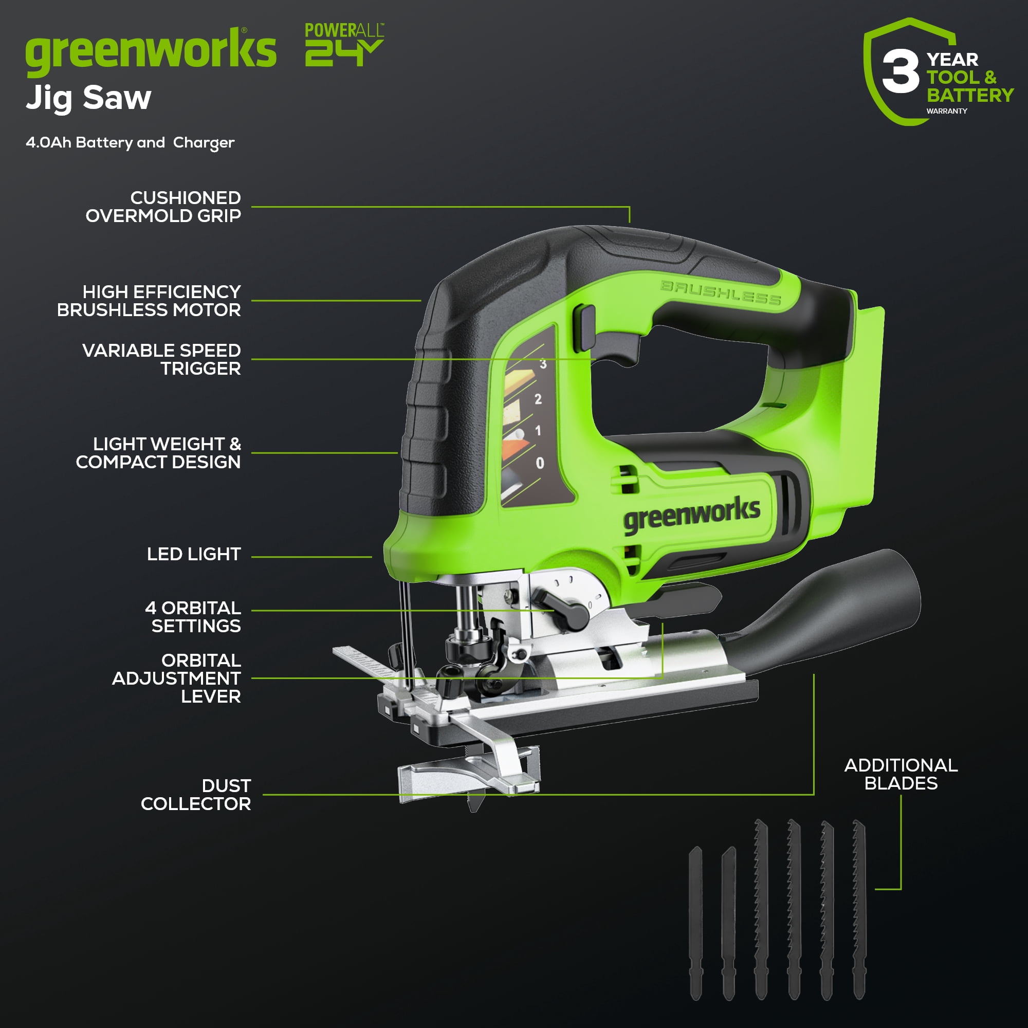 Greenworks 24V Brushless Jig Saw Kit, 4Ah USB (Power Bank) Battery and Charger
