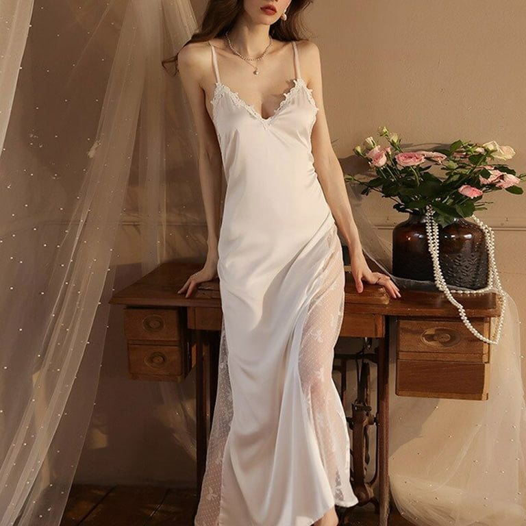 Women's Satin Nightgown Dress Silk Sexy Lace Sleeveless Long Chemise  Lingerie Sleepwear Lounge Dresses for Ladies 