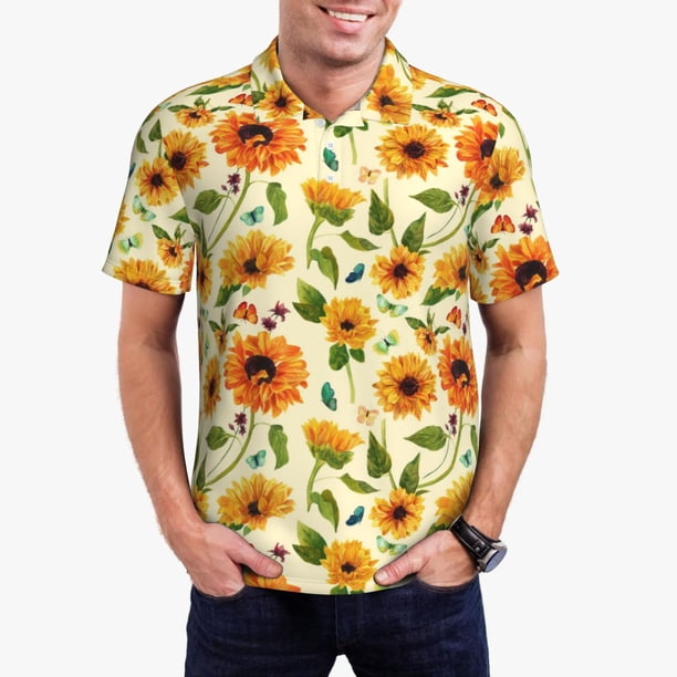 Fotbe Sunflowers And Butterflies Camiseta Polo de Golf para Hombre con Estampado – Camisa Deportiva Transpirable con Cuello Abotonado-XX-Large