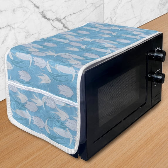 Floral Microwave Oven Cover, Flower Petals Hand Drawn Spring Fragrance Bouquets Gardening Pattern, Water Resistant Organizer with Pockets for Kitchen, 36" x 12", Deep Sky Blue and Pearl, by Ambesonne