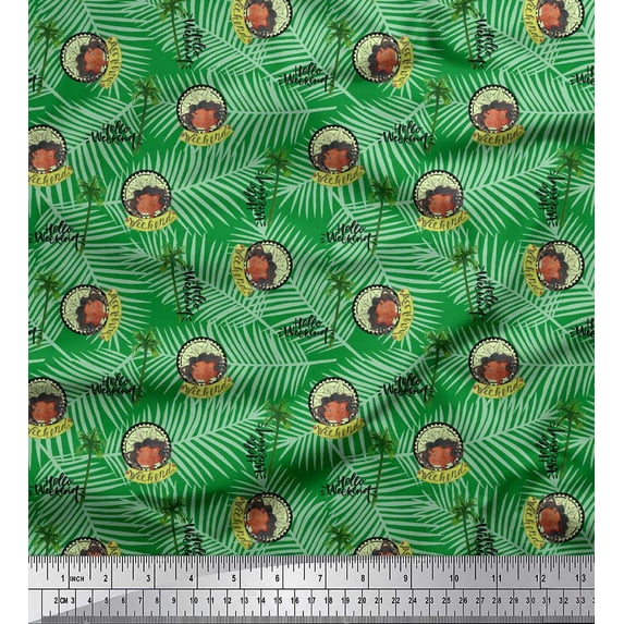 Soimoi Green Poly Georgette Fabric Palm Tree & Girl Holiday Printed Fabric 1 Yard 42 Inch Wide