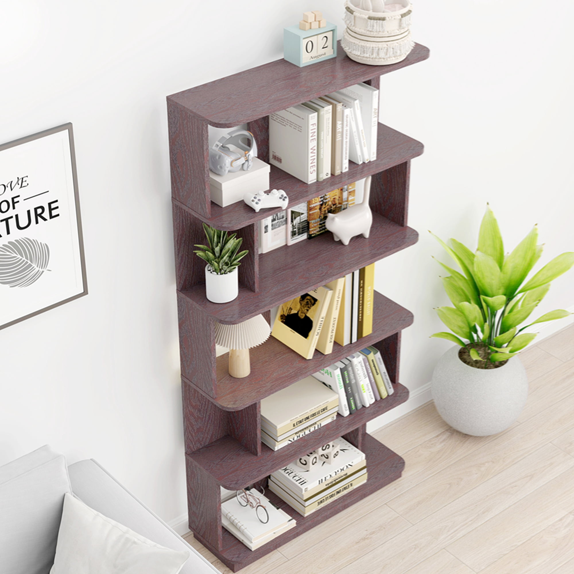 31.5" L x 64.56" H Free Combination Bookshelf Modern 5-Tier Open Storage Bookcase MDF Wood Display Shelving for Living Room Home Office Bedroom Decor Organizer, Media Storage Shelves, Red