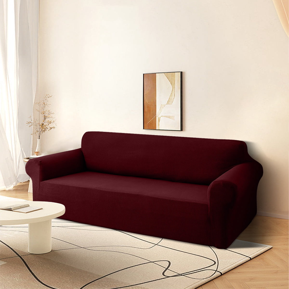 Sanmadrola Couch Cover Water Resistant Stretch Sofa Slipcover Jacquard Furniture Protector for Kids Pets Dog Cat, Wine Red, Oversized Sofa